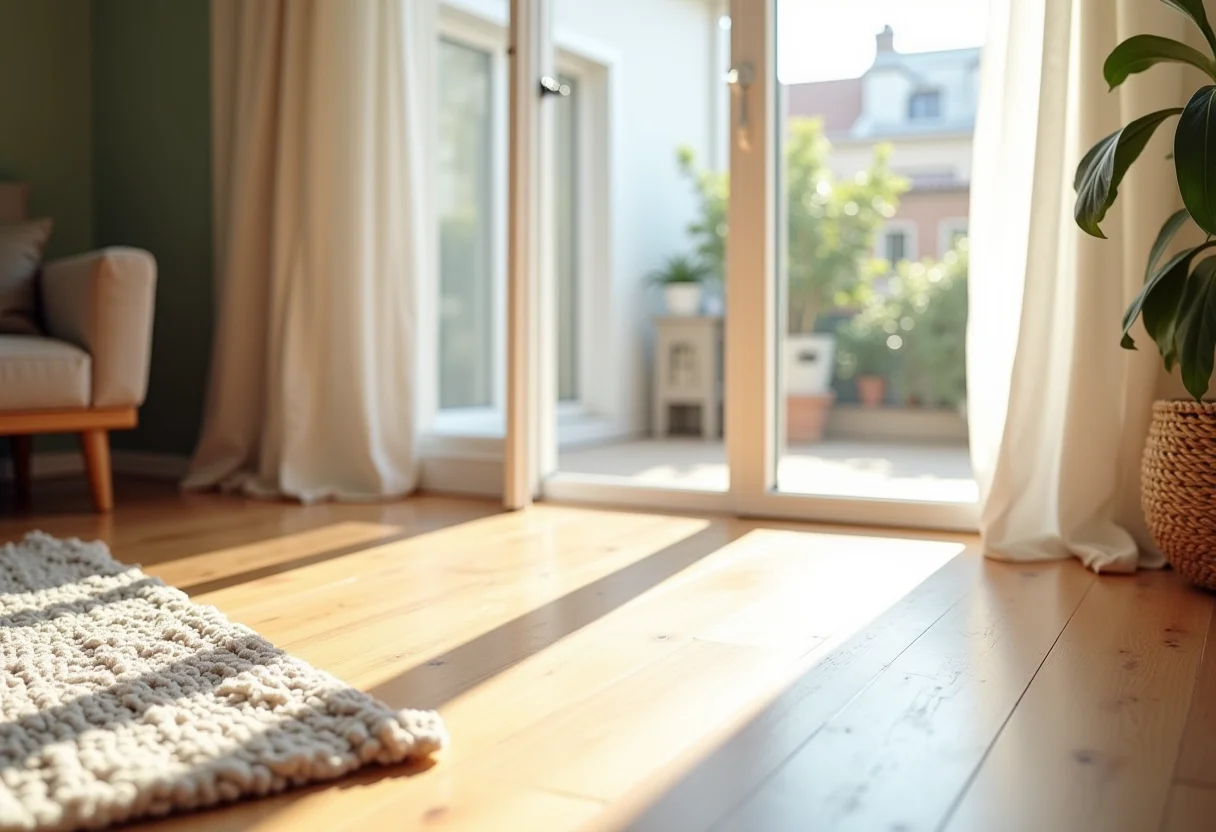 Piso laminado renovado e brilhante em sala de estar iluminada