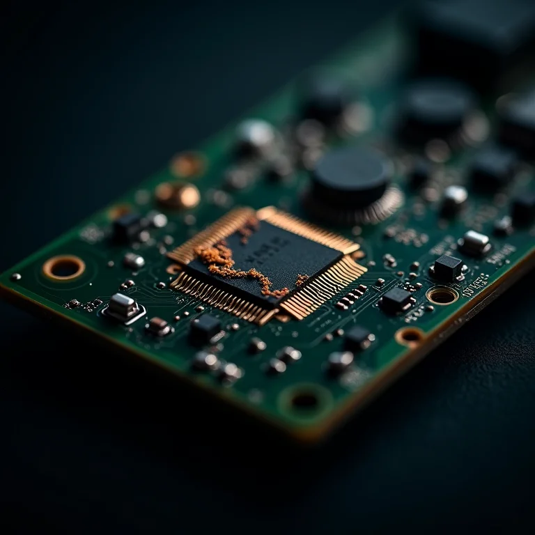 Placa de circuito corroída pela umidade.