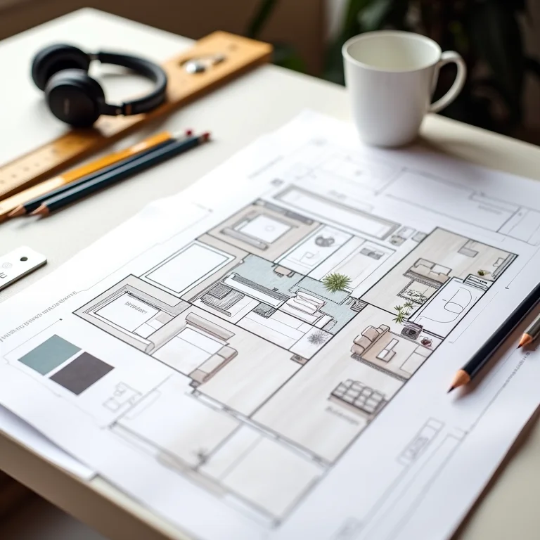 Plano de design de interiores para sala de estar com foco em som ambiente