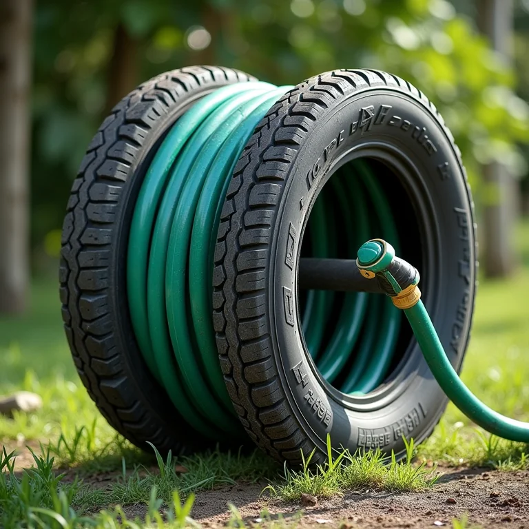 Pneu reaproveitado como enrolador de mangueira.