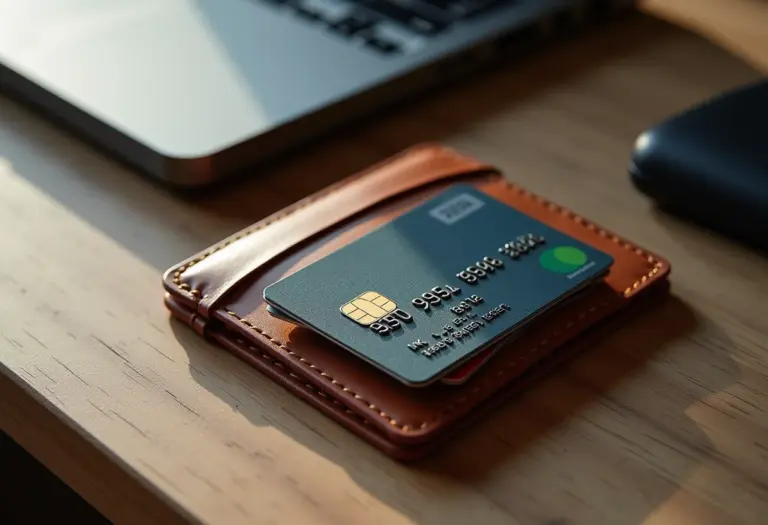 Porta cartão de couro marrom com diversos cartões de crédito organizados.