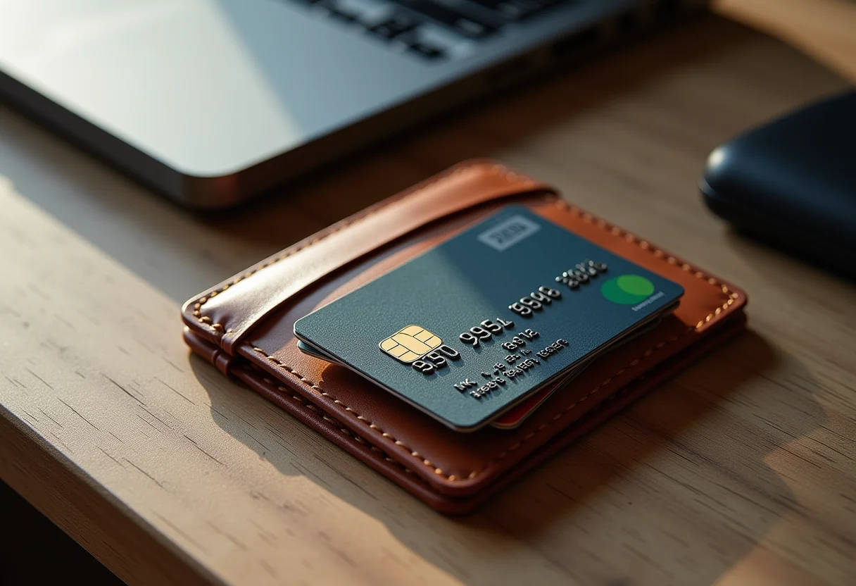 Porta cartão de couro marrom com diversos cartões de crédito organizados.