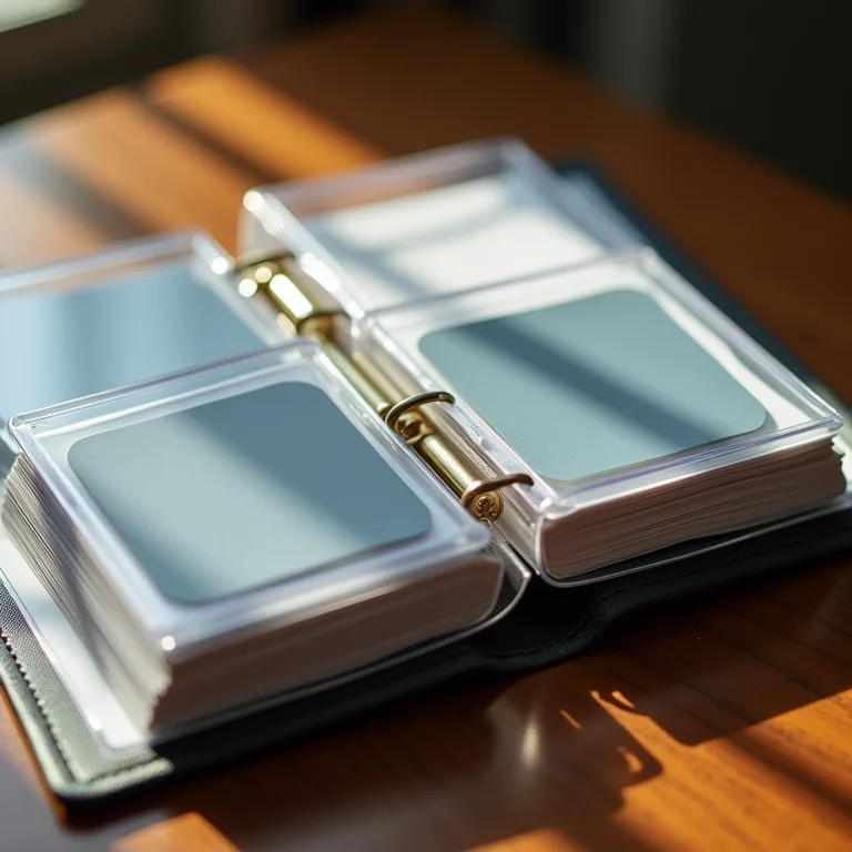 Porta cartão fichário com várias folhas transparentes exibindo cartões.