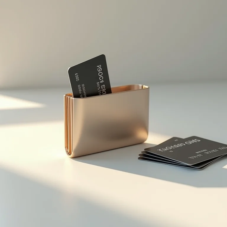 Porta cartão minimalista ao lado de cartões de crédito espalhados.