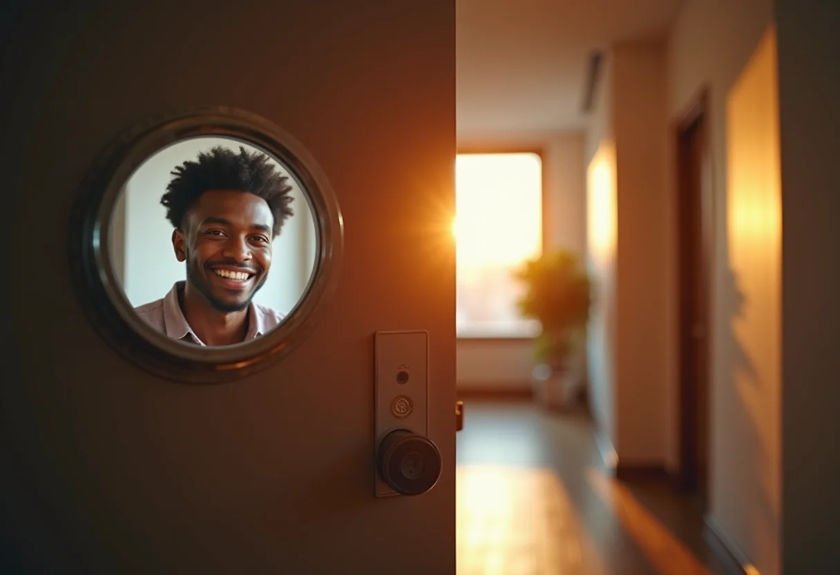 Porta de apartamento moderna com olho mágico digital mostrando imagem nítida do vizinho