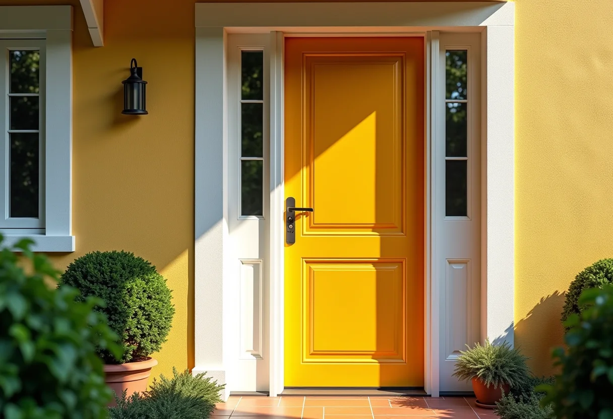 Porta de casa recém-pintada em cor vibrante, renovação com economia.