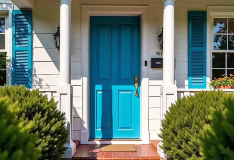 Porta de entrada azul vibrante em casa charmosa