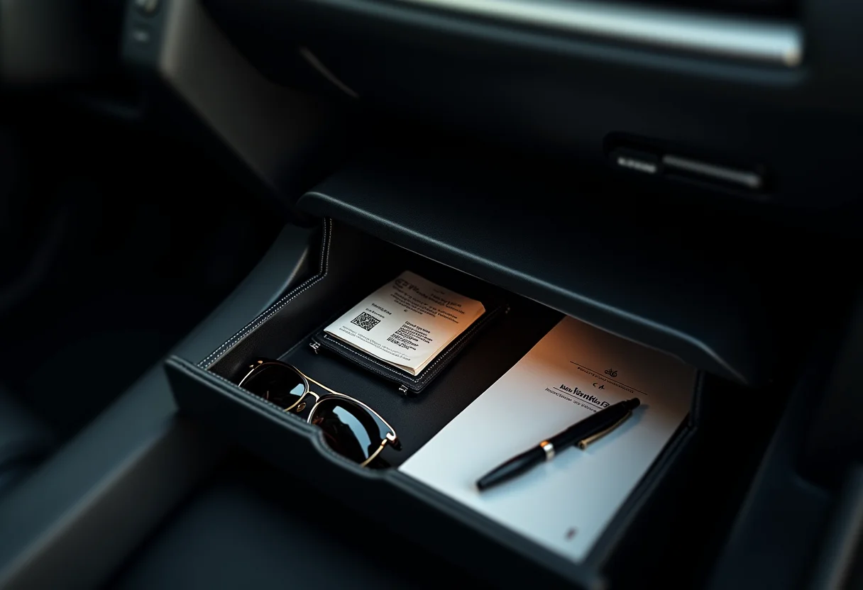 Porta-luvas de carro organizado com itens essenciais.