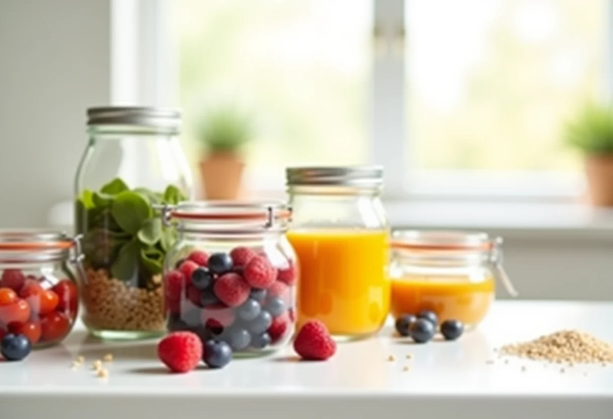 Potes de vidro com alimentos congelados em uma bancada de cozinha iluminada