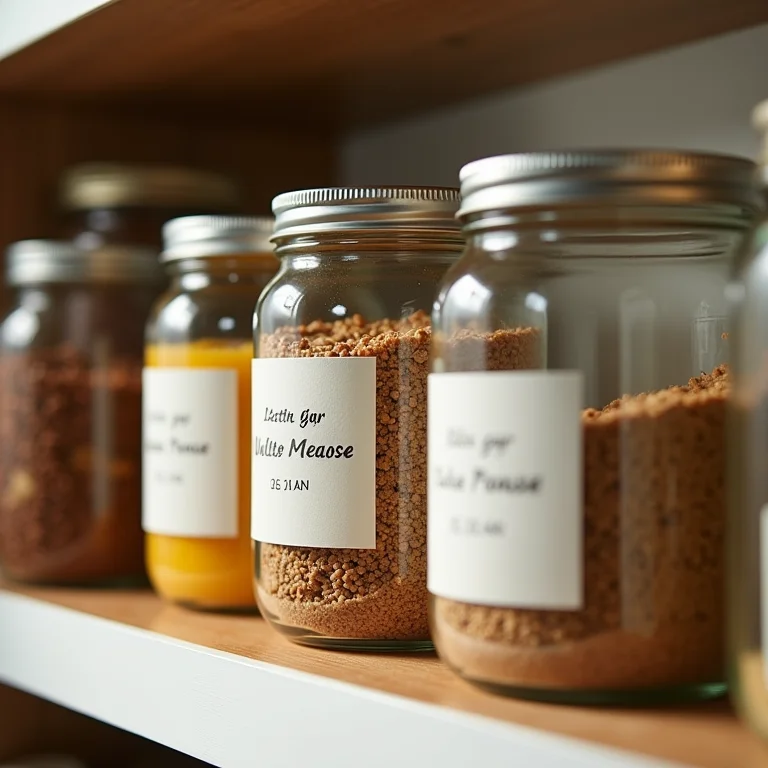Potes de vidro limpos, etiquetados e datados organizados em uma despensa.