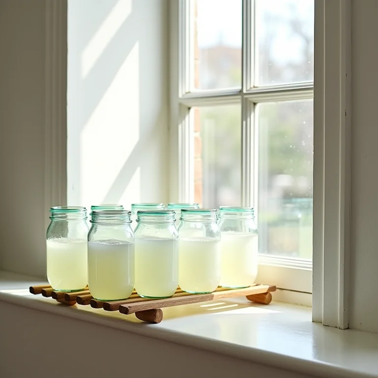 Potes de vidro limpos secando em um escorredor próximo a uma janela.