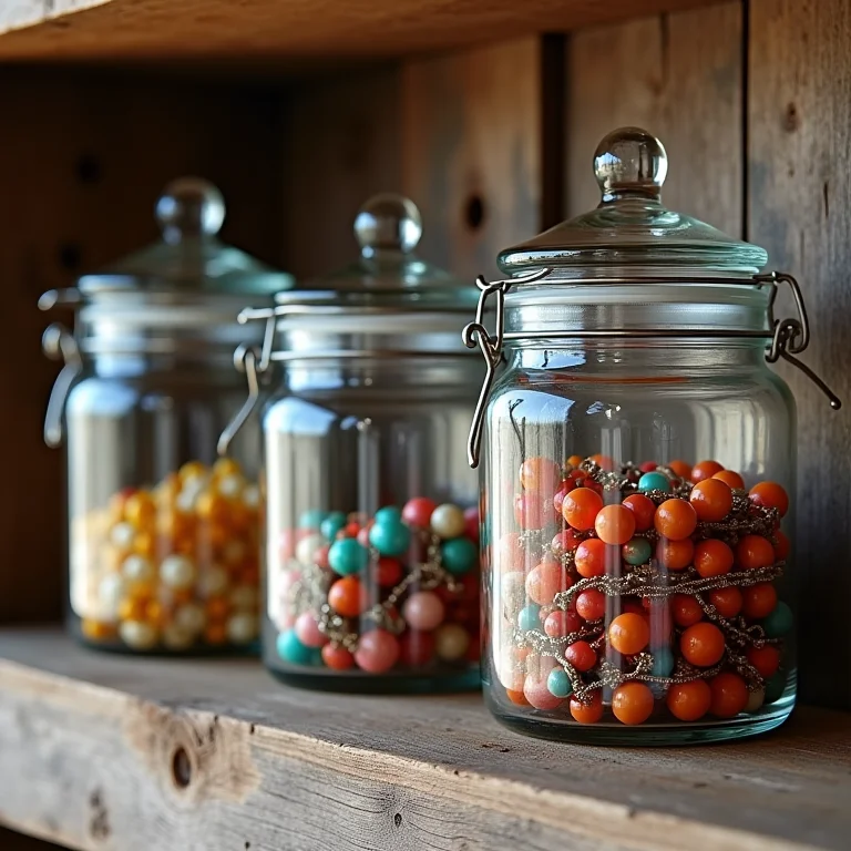 Potes de vidro reutilizados como porta joias