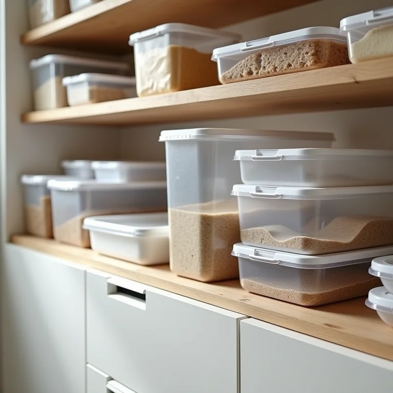 Potes plásticos guardados em diferentes locais da cozinha.