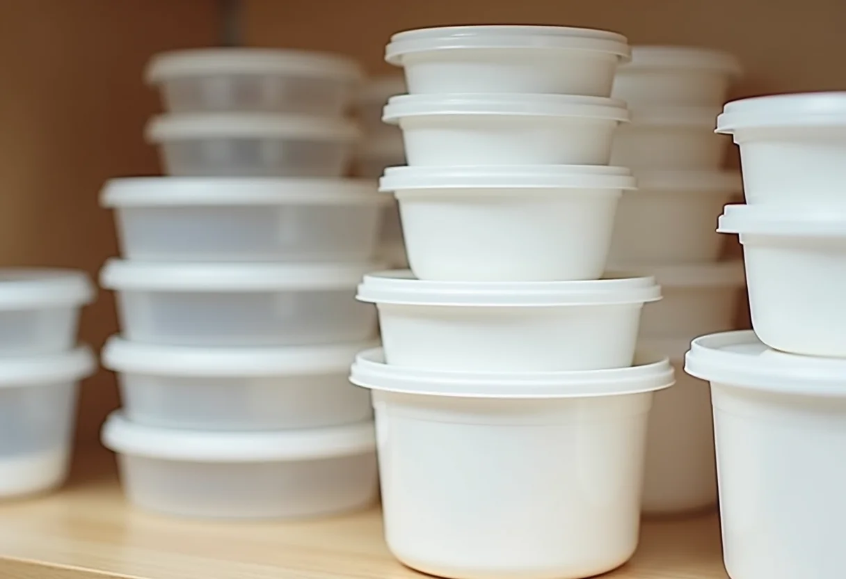 Potes plásticos organizados em despensa.