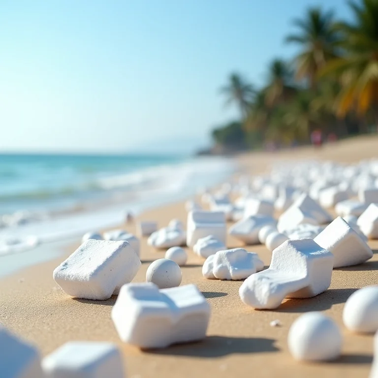 Praia limpa contrastando com lixo de isopor