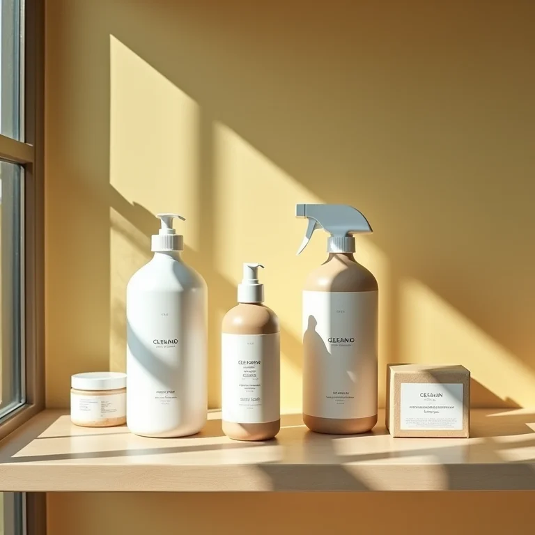 Prateleira com produtos de limpeza eco-friendly, incluindo detergentes à base de plantas e sabões naturais.