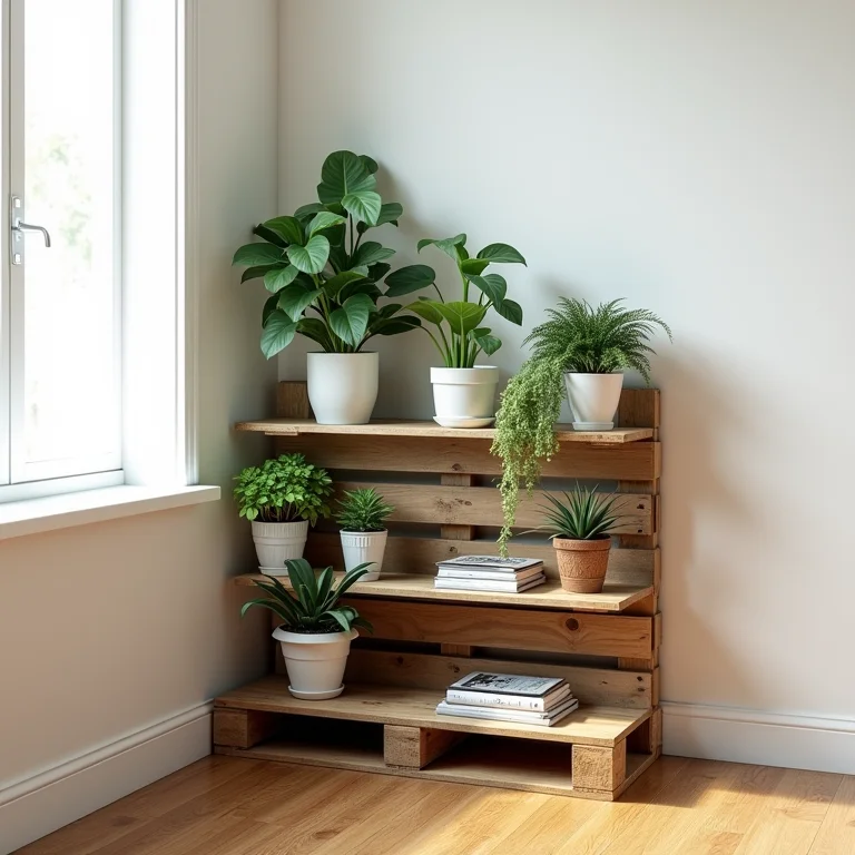Prateleira de canto feita com paletes para plantas.