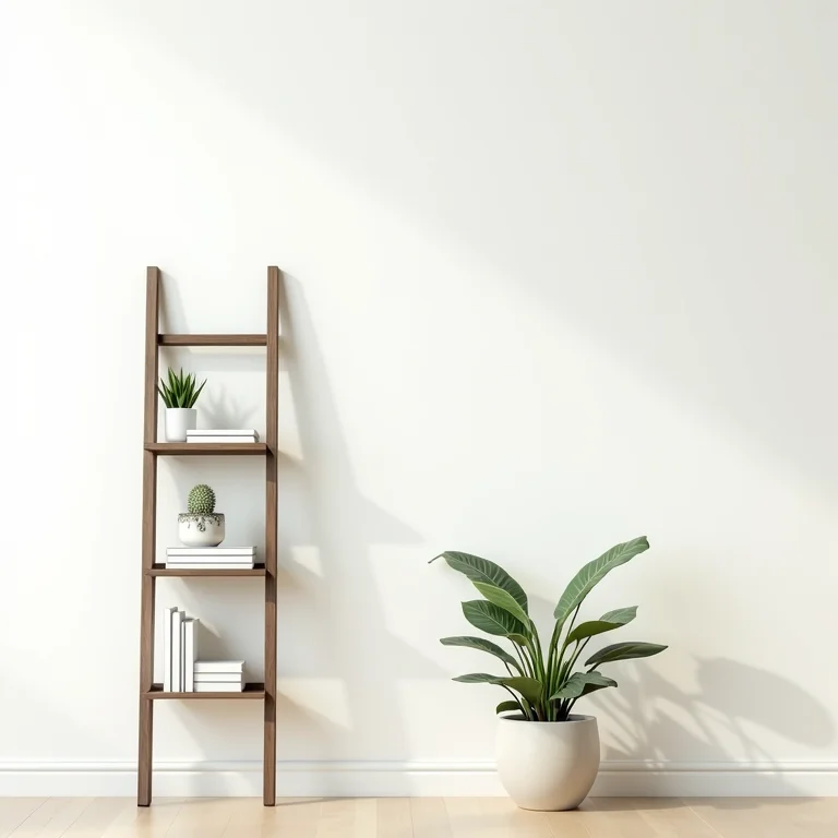 Prateleira escada encostada na parede com livros e vasos de plantas