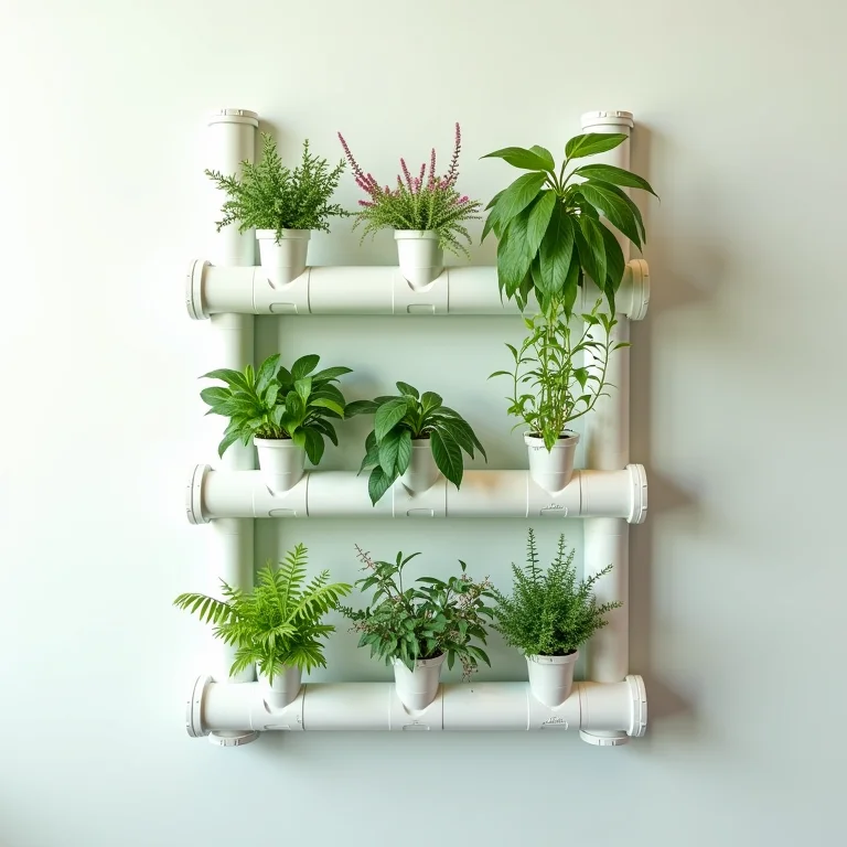Prateleira vertical para plantas feita com canos de PVC.