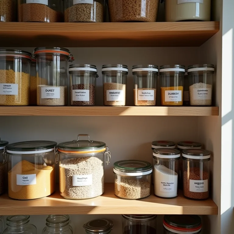 Prateleiras de despensa organizadas com potes transparentes