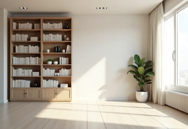 Prateleiras de livros modernas e organizadas em sala de estar iluminada