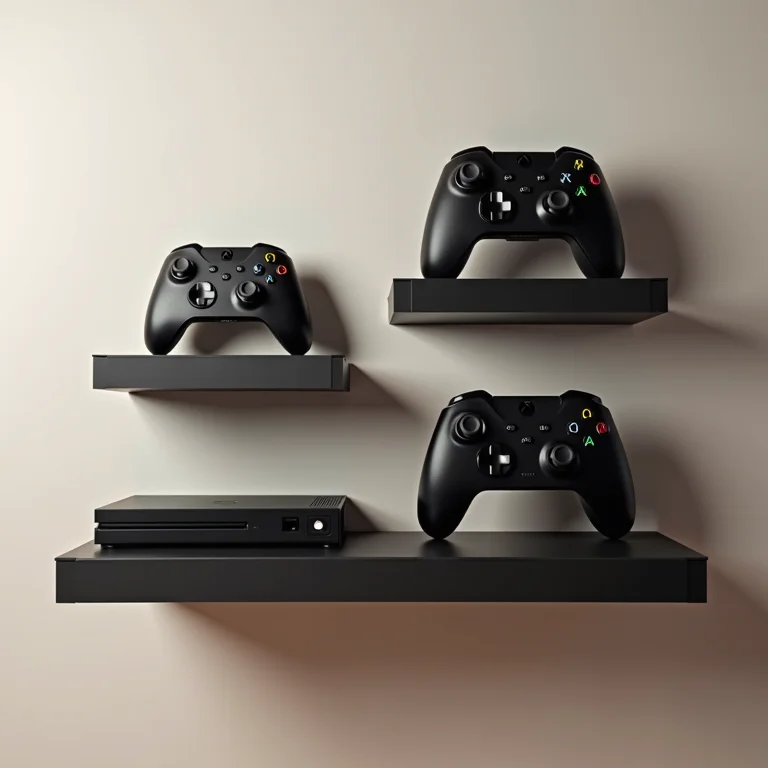 Prateleiras e suportes específicos para organizar consoles e controles de videogame
