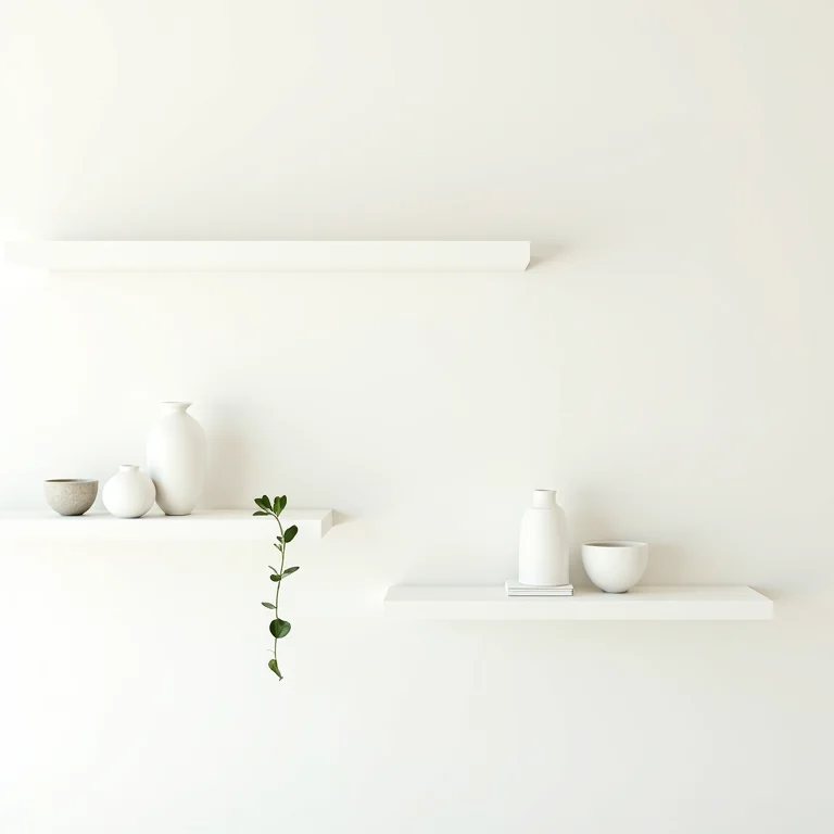 Prateleiras flutuantes com suportes invisíveis exibindo plantas.