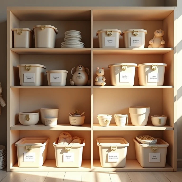 Prateleiras organizadas com brinquedos e caixas etiquetadas