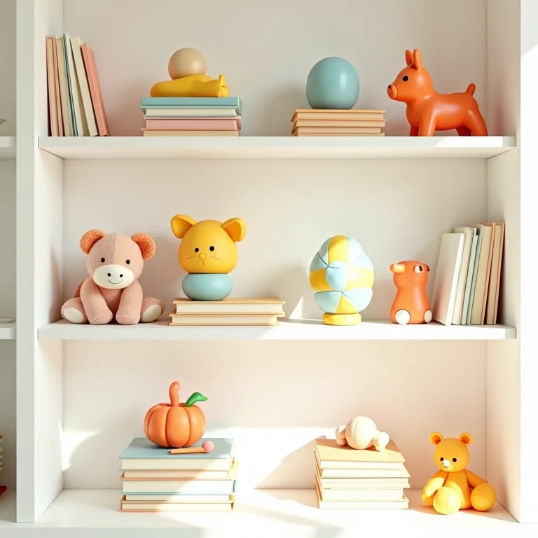 Prateleiras organizadas com brinquedos e livros em um quarto de bebê.