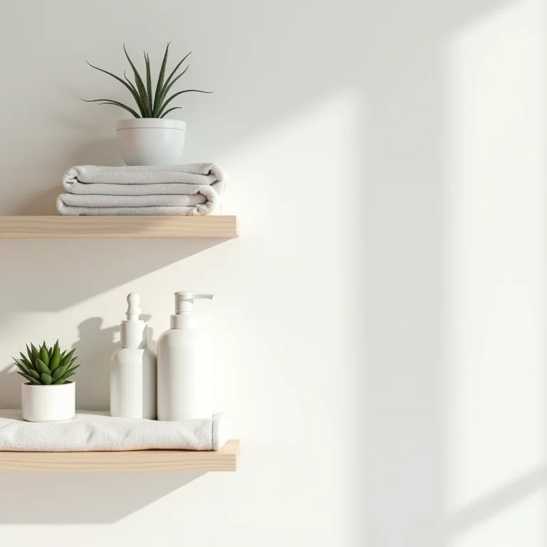 Prateleiras organizadas em banheiro pequeno