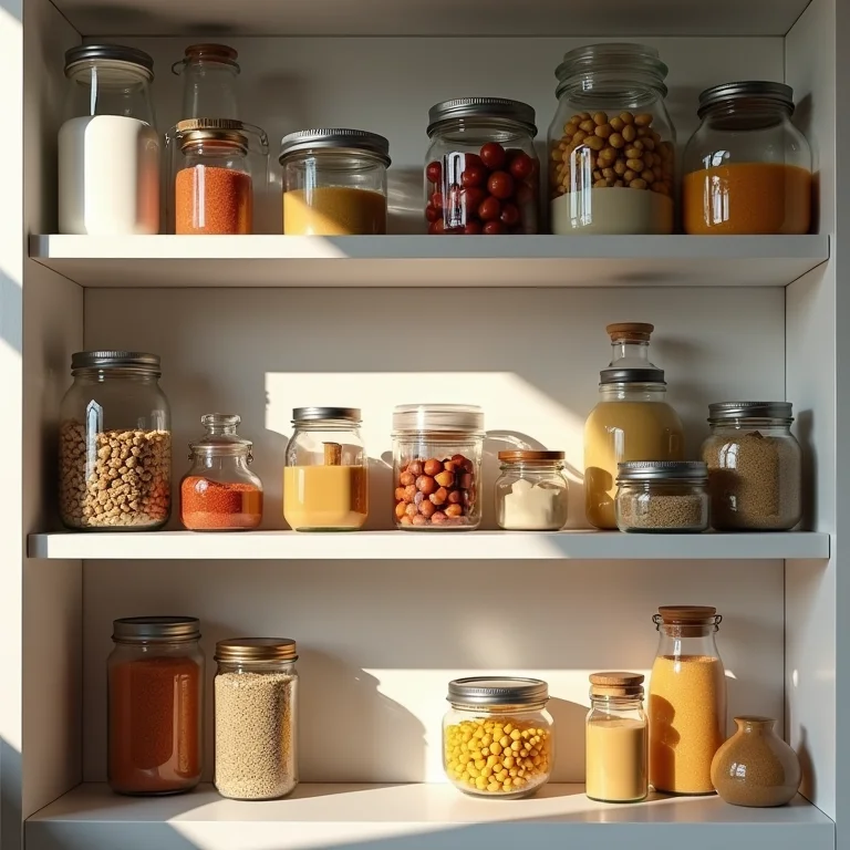 Prateleiras organizadas por categorias de alimentos em uma despensa.