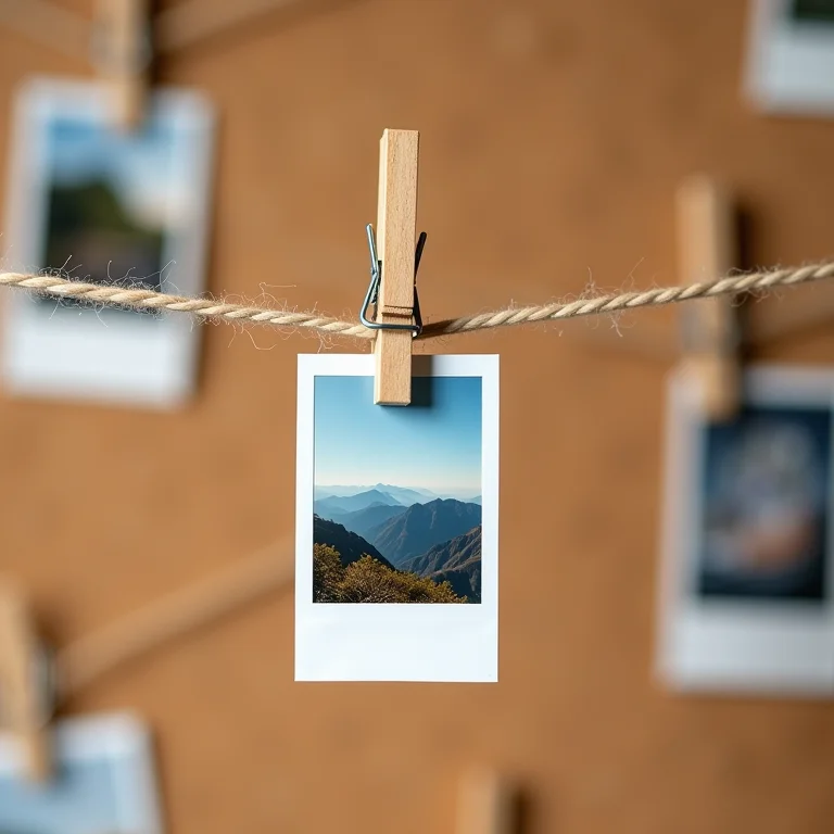 Pregador segurando foto Polaroid em cortiça com outros projetos criativos