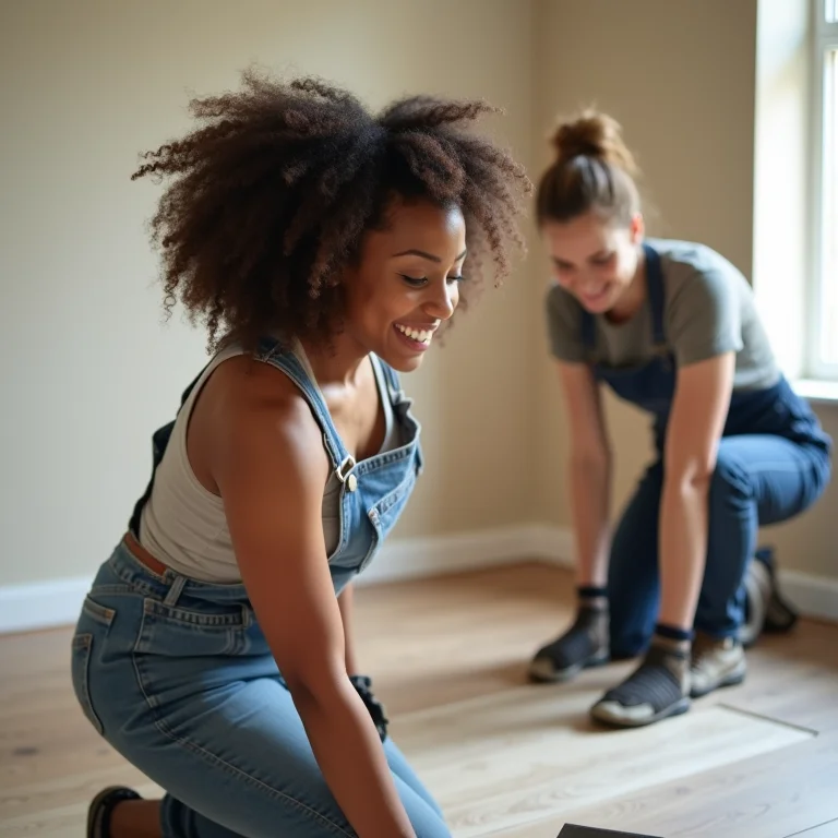 Profissional instalando piso vinílico com supervisão
