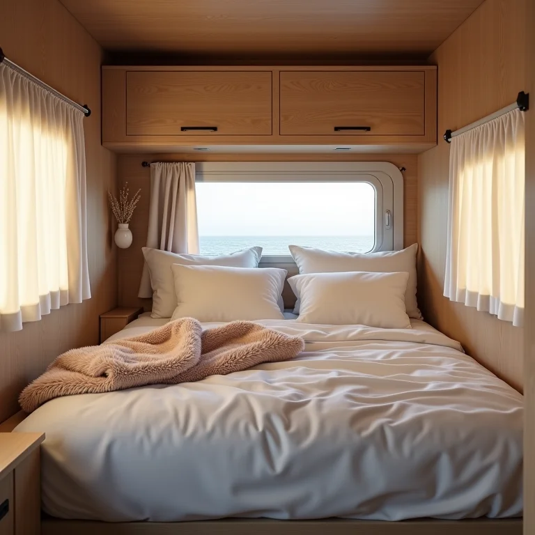 Quarto aconchegante dentro de um motorhome.