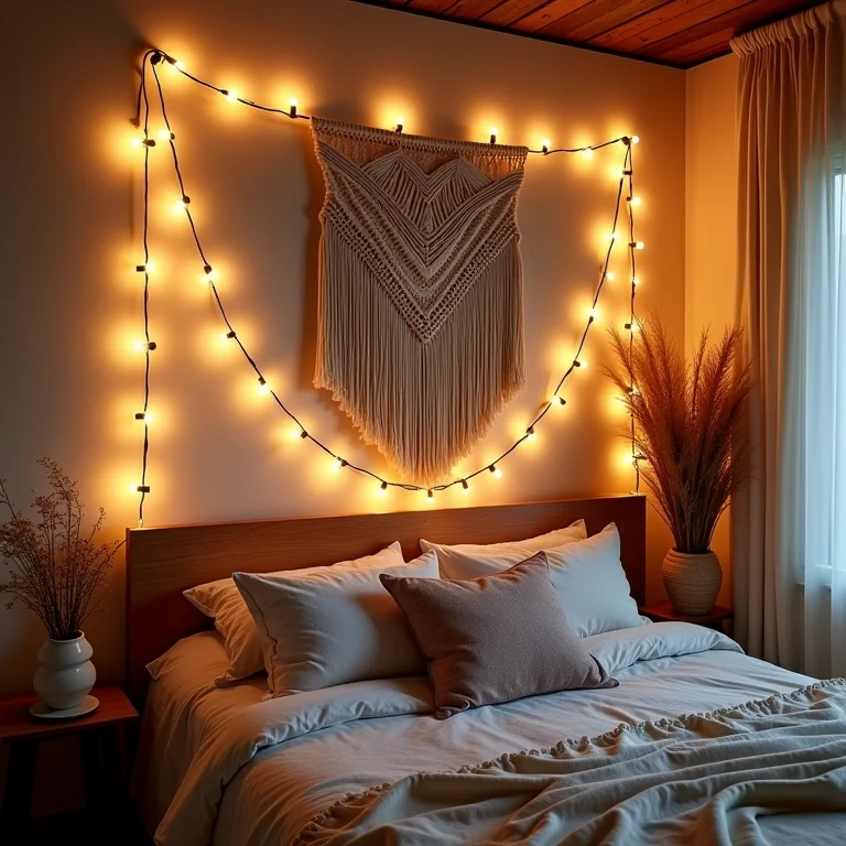 Quarto boho com luzinhas que complementam a decoração.