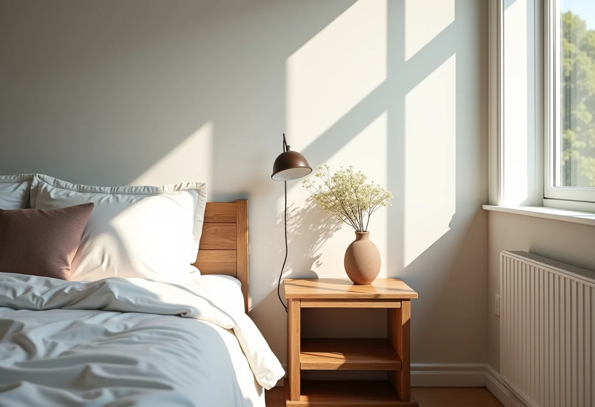 Quarto com mesa de cabeceira DIY feita com materiais reciclados