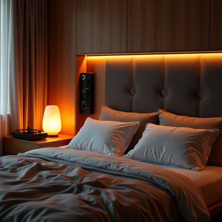 Quarto com sistema de som integrado na cabeceira e luz ambiente suave