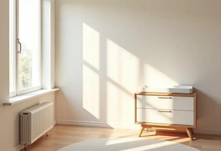 Quarto de bebê com cômoda trocador decorada de forma minimalista