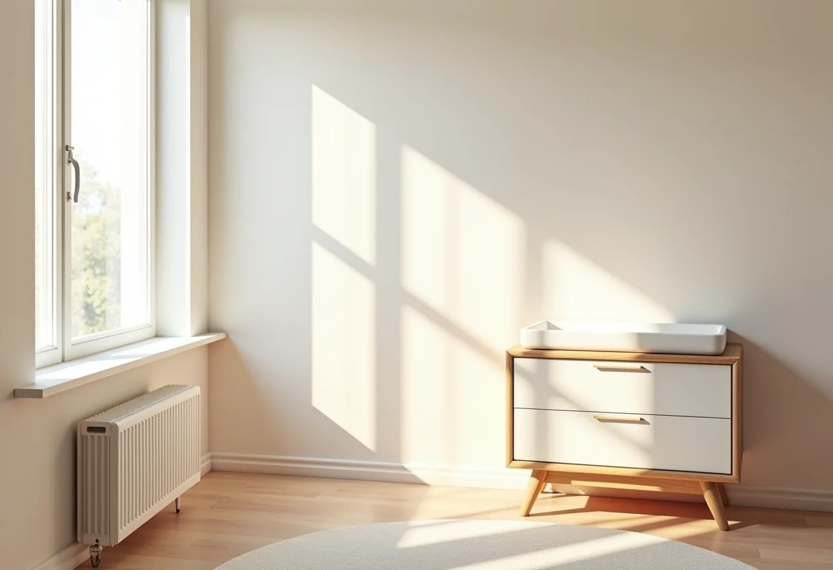 Quarto de bebê com cômoda trocador decorada de forma minimalista