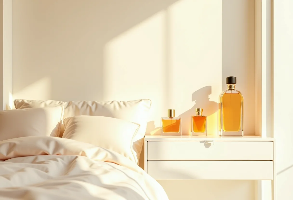 Quarto iluminado com coleção de perfumes organizada