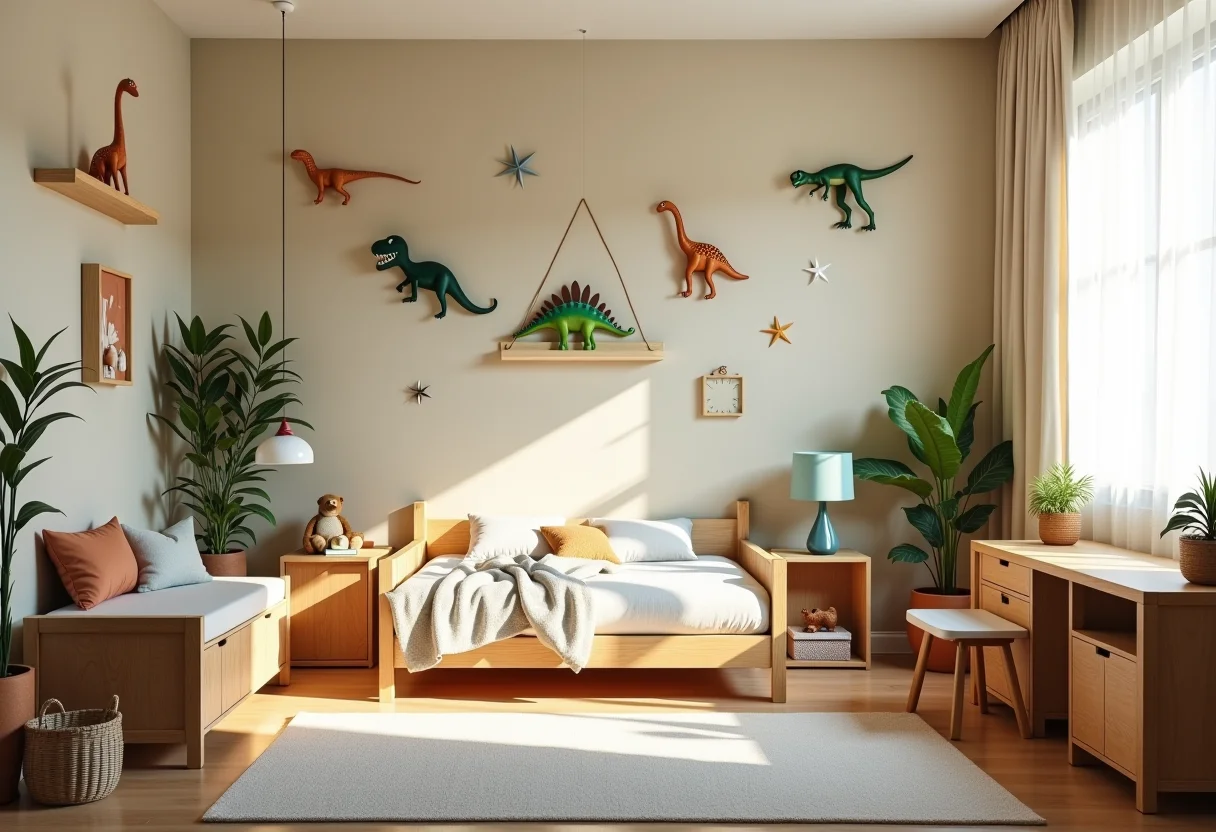 Quarto infantil decorado com tema de dinossauros