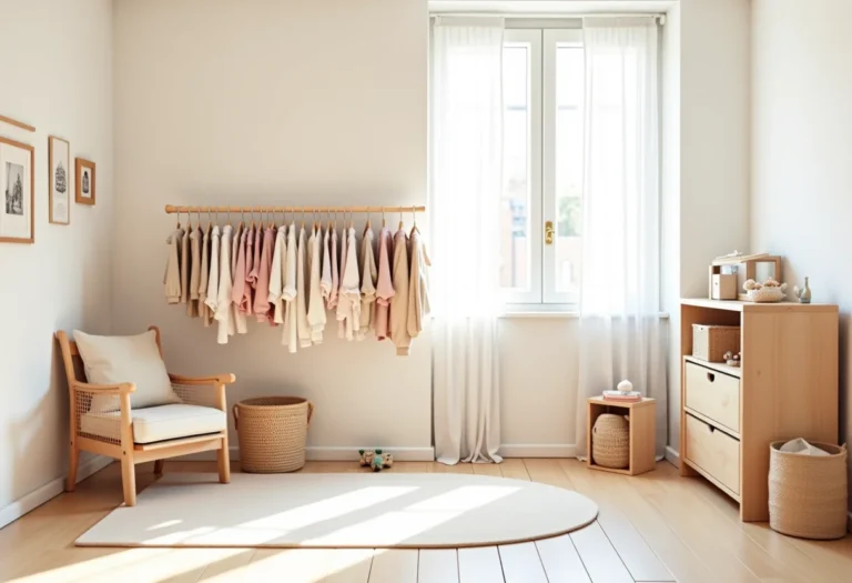 Quarto infantil organizado com roupas e brinquedos
