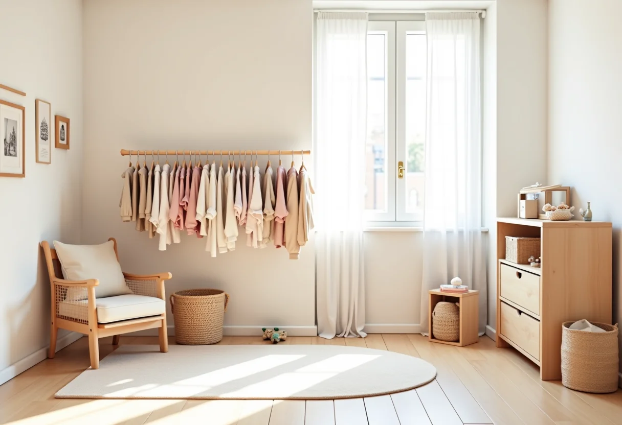 Quarto infantil organizado com roupas e brinquedos