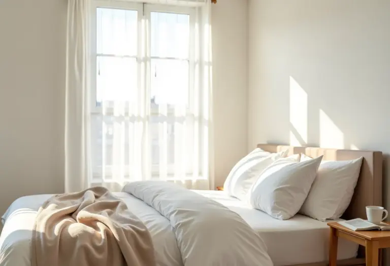 Quarto minimalista com cama arrumada e luz natural