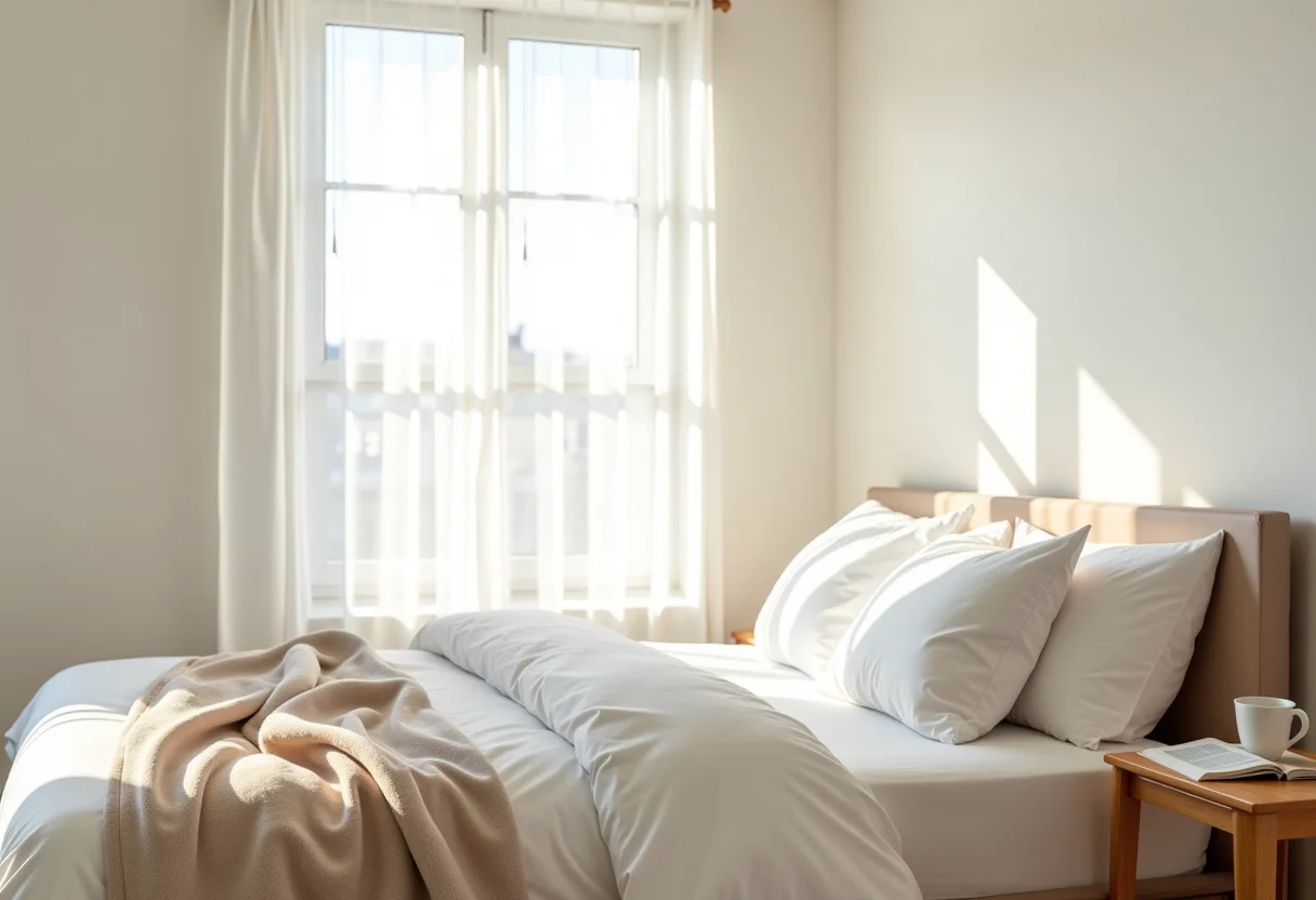 Quarto minimalista com cama arrumada e luz natural