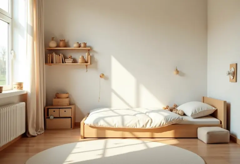 Quarto montessoriano com cama no chão e brinquedos de madeira