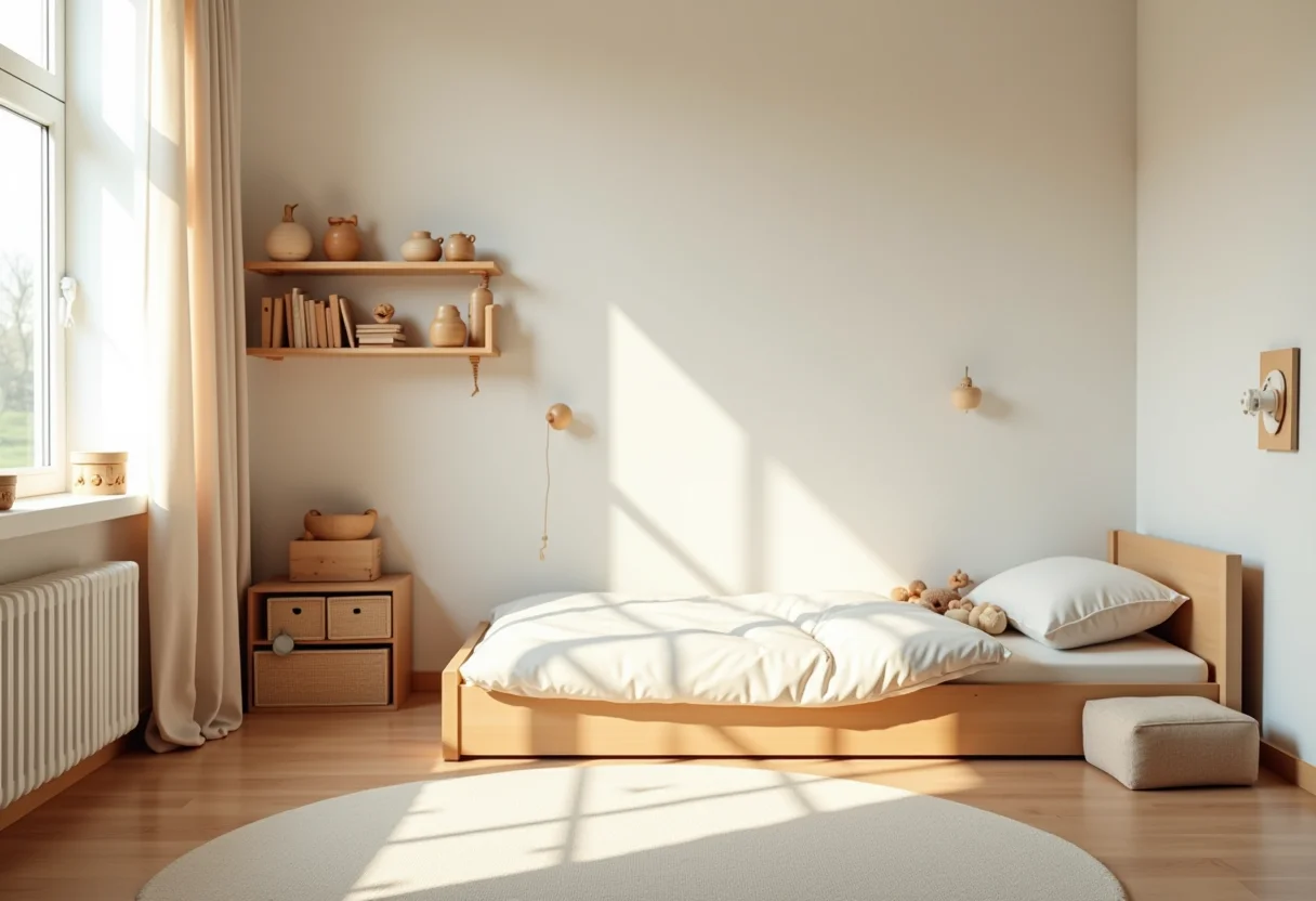Quarto montessoriano com cama no chão e brinquedos de madeira