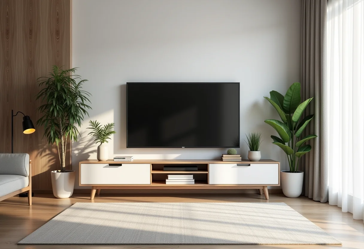 Rack de TV renovado com decoração criativa e plantas