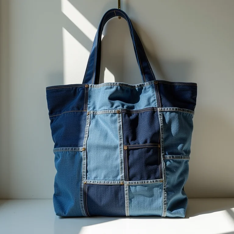 Reaproveitamento criativo de jeans em colcha de patchwork e bolsa exclusiva.