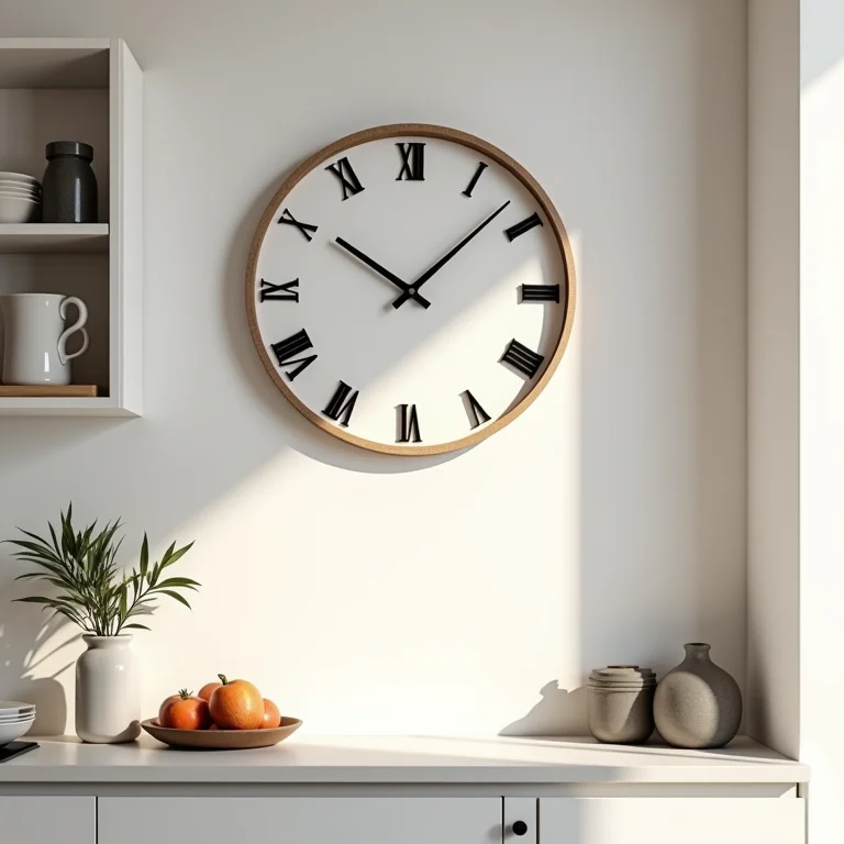 Relógio de parede como ponto focal em cozinha minimalista